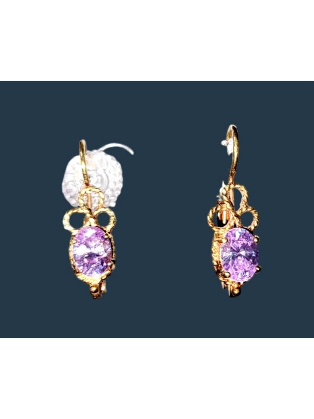 Vintage Yellow Gold Dangle Earrings Oval Lilac Amethyst Stone Filigree Design - Picture 5 of 8